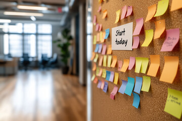 Corkboard covered in colorful sticky notes with a prominent start today message stands in a modern office setting, symbolizing the beginning of a productive workday