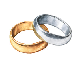 Watercolor Wedding Rings: Gold and Silver Bands Symbolizing Love and Commitment for Marriage, Anniversary, or Valentine's Day