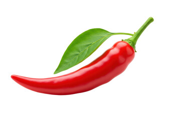 Vibrant red chili pepper with green leaf isolated on a white background