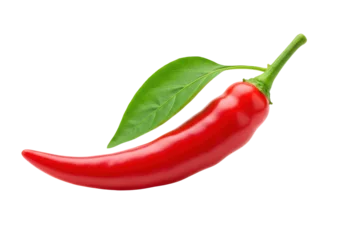 Vibrant red chili pepper with green leaf isolated on a white background