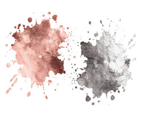 Rose Gold and Silver Watercolor Splashes on White Background - Abstract Metallic Paint Textures for Design Elements and Creative Projects