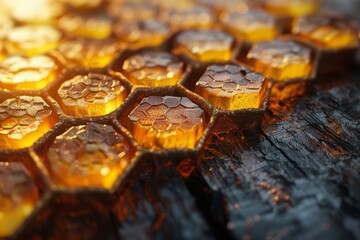 An intricate close-up of honeycomb, showcasing the golden hues and glistening texture of honey slowly dripping from the comb, highlighting nature's perfection.