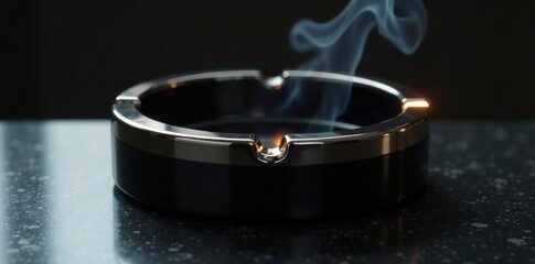 Luxury round black glass ashtray Chrome details Modern design , smoker, elegant