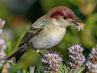 Fototapeta premium Small bird perched on lavender, holding flower