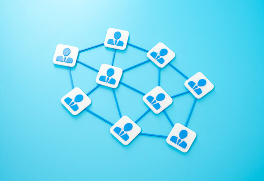 Corporate network of employees. Connected corporate employee network. Remote work collaboration, or internal communication structures. Distribution of duties and work.