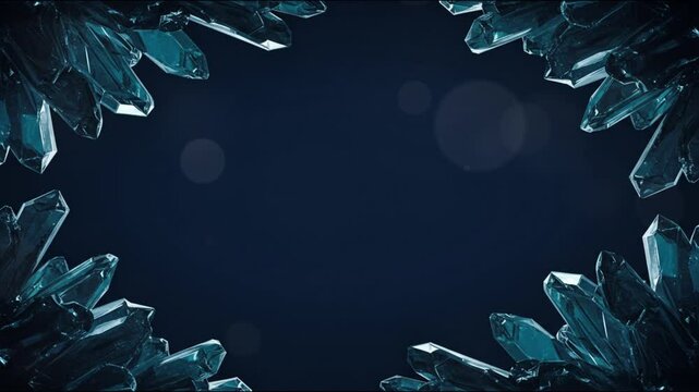 A frame of glowing teal crystals on dark blue background leaves space for graphic elements.copy space.
