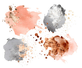 Watercolor Textures with Gold and Silver Glitter Accents on White Background - Abstract Art, Paint Splashes, Elegant Design Elements