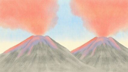 Volcanic mountains with colorful smoke against a pastel sky.