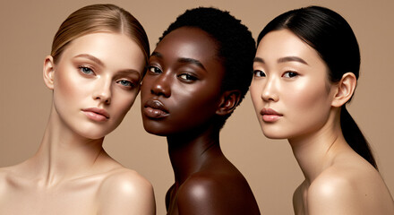 Three diverse women with radiant skin form a triangular pose showing harmony in a beautiful studio portrait