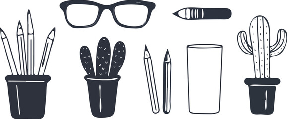 Hand drawn workspace elements vector illustration set with glasses, pencils, cactus, and glass isolated on a white background for print, web design, banner, poster, sticker, card, and textile design