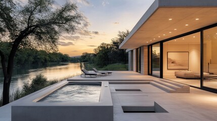 Modern riverside house with outdoor spa and patio area at sunset.