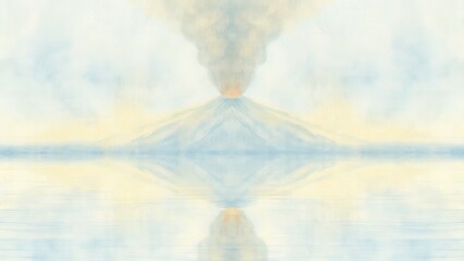 Volcano emitting smoke reflected in calm water under soft colors.