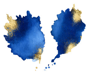 Blue and Gold Watercolor Splashes on White Background - Abstract Art, Luxury Design Element (Isolated)