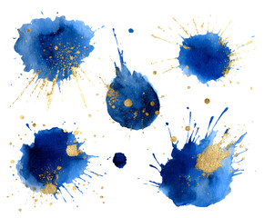 Watercolor Blue and Gold Splashes Set - Abstract Ink Blots with Golden Glitter Textures for Creative Design (Isolated on White)