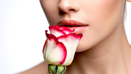 Woman with flawless skin touches lips to a two tone red and white rose in a close up beauty portrait