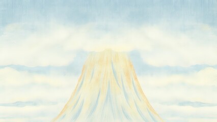 Mountain peak emerging through soft clouds in a serene sky.