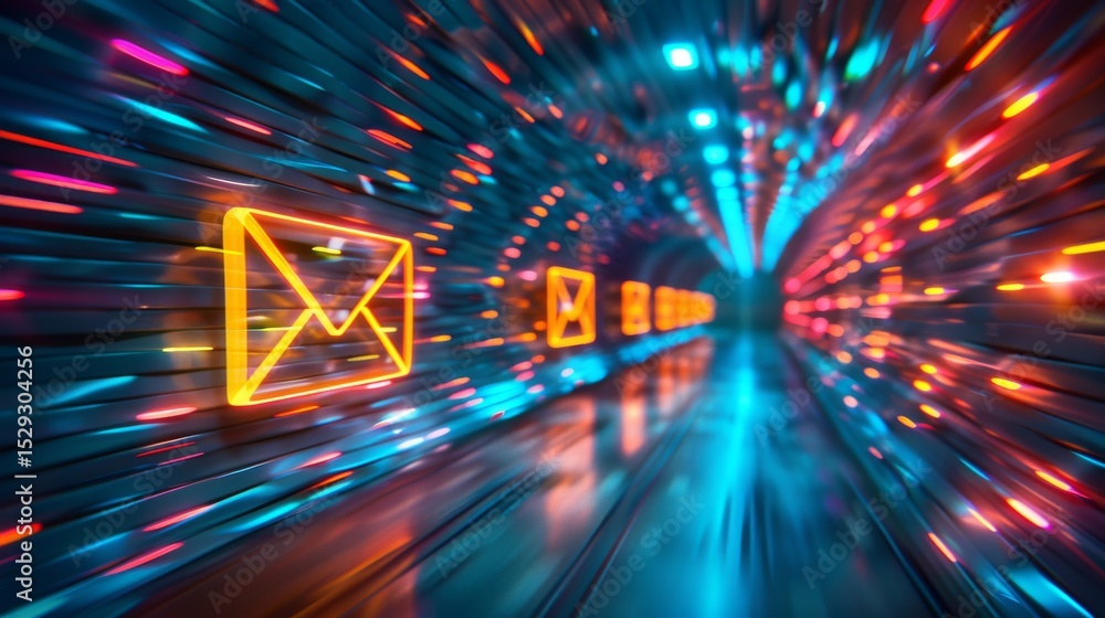 Aufkleber an artistic representation of an email tunnel, highlighted with bright and vivid lights that create 