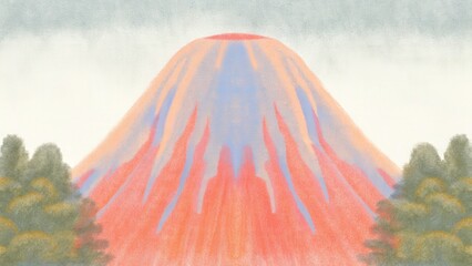 Vibrant volcano surrounded by lush greenery and a colorful sky.