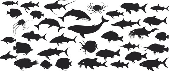 deep sea ocean mammals creatures Silhouettes – Fish, Seahorses, Seaweed, Coral Reefs & Sharks for Coastal and Aquatic Themes
