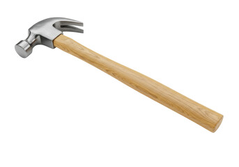 Close-up of a metallic hammer with a wooden handle on a white background, ideal for DIY projects