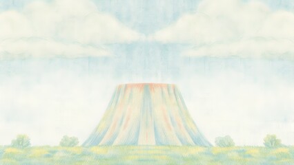 Surreal landscape with a large, abstract mountain form under a cloudy sky.