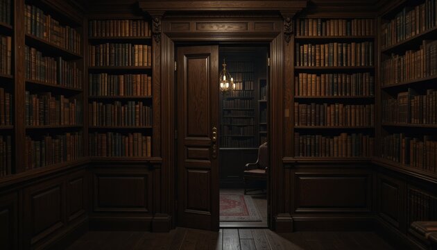 Secret bookcase door in a dark oak library, partially open, hiding a secret passage, warm candlelight inside, realistic textures, mysterious atmosphere