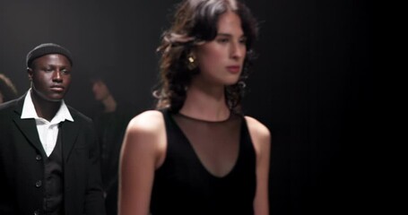 Fashion show, walking and models on a stage for designer collection with trendy outfit at event. Catwalk, elegant and people with couture wardrobe for luxury brand on runway with formal clothes.