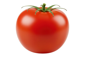 Fresh, ripe tomato with vibrant red color and green stem on a clean background