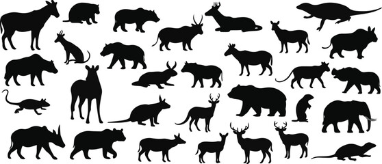 Fototapeta premium wild animal silhouettes containing beer, deer, horse, bull, lion, and others.