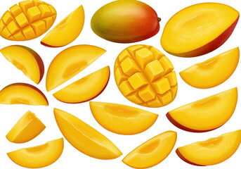Vibrant mango slices arranged artistically on a white background for culinary use