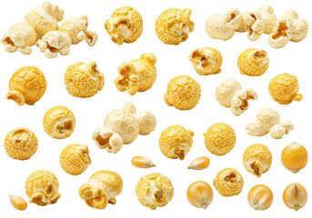 Assorted popcorn kernels and popped corn scattered on a white background