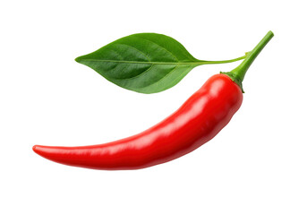 Fresh red chili pepper with green leaf, isolated on a transparent background, ideal for culinary use