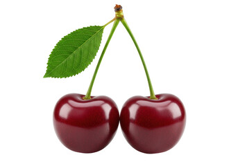 Two ripe cherries with a green leaf, showcasing vibrant colors and natural beauty