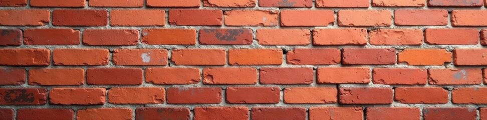Panorama of weathered red brick wall, showing varied brick tones and mortar, weathered brick, surface, design