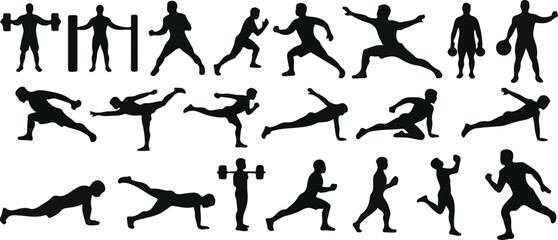 Men’s Exercise Silhouettes – Fitness Workout Poses Vector Set