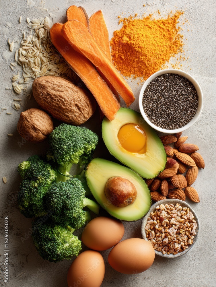 Poster healthy food rich in vitamin a displayed on a clean neutral background with fresh vegetables and nut