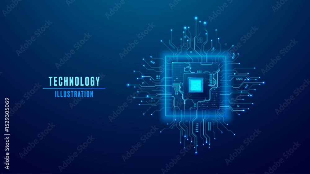 Fototapete Digital AI semiconductor with light blue tech components and circuit board. Artificial Intelligence innovation concept. Abstract machine learning chip with wires and electronics elements. Vector chip