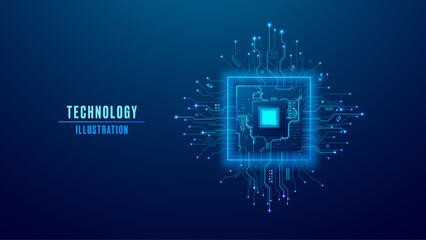 Digital AI semiconductor with light blue tech components and circuit board. Artificial Intelligence innovation concept. Abstract machine learning chip with wires and electronics elements. Vector chip