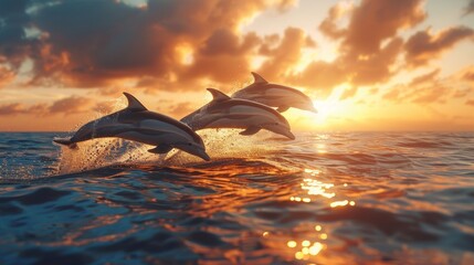 A stunning display of dolphins leaping gracefully from the shimmering ocean surface against a breathtaking sunset, capturing the whimsy and beauty of marine life in motion.
