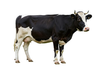 Black and white dairy cow standing in a green pasture with a clear blue sky