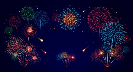 Bright colorful fireworks explode in the night sky for a vibrant festive celebration banner background