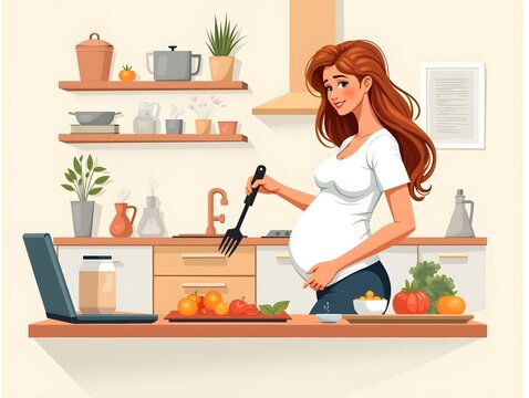 Pregnant woman cooking in kitchen with laptop detailed illustration