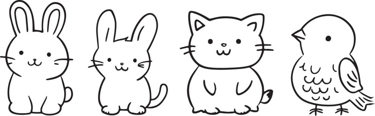 Cute cartoon animals rabbit, bunny, cat, and bird vector illustration isolated on white background concept for print web design banner poster sticker card and textile design