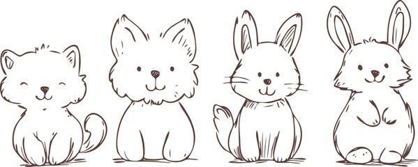 Set of Cute Hand Drawn Animals Cat Dog and Rabbits Vector Illustration Isolated on White Background for Kids Fashion Prints Greeting Cards Nursery Posters and Web Design