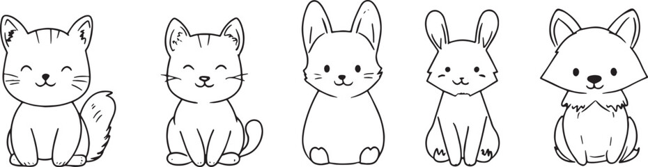 Set of cute hand drawn doodle animals cat bunny rabbit and fox vector illustration isolated on white background concept for print web design banner poster sticker card and textile design