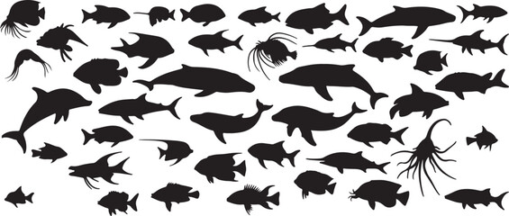 Black Silhouette Icon Set of Marine Creatures – Sea Creatures, Coral, Dolphins, Sharks & More for Ocean-Inspired Artwork