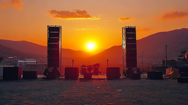 Sunset concert stage setup with mountains and a vibrant orange sky background scenery