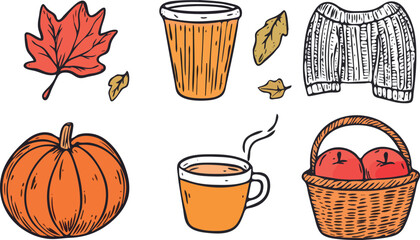 Autumn Cozy Vibes with Pumpkin, Hot Drinks, Knitted Sweater, Apples, and Falling Leaves Vector Illustration Set for Fall Season Designs