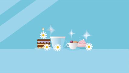 Obraz premium Cute dessert scene with cake, cup, and tea set on a blue background with daisy accents and sparkles