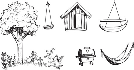 Hand-drawn vector illustrations of backyard leisure items, including a tree, swing, small wooden house, hammock, barbecue grill, and grass for summer and vacation themes